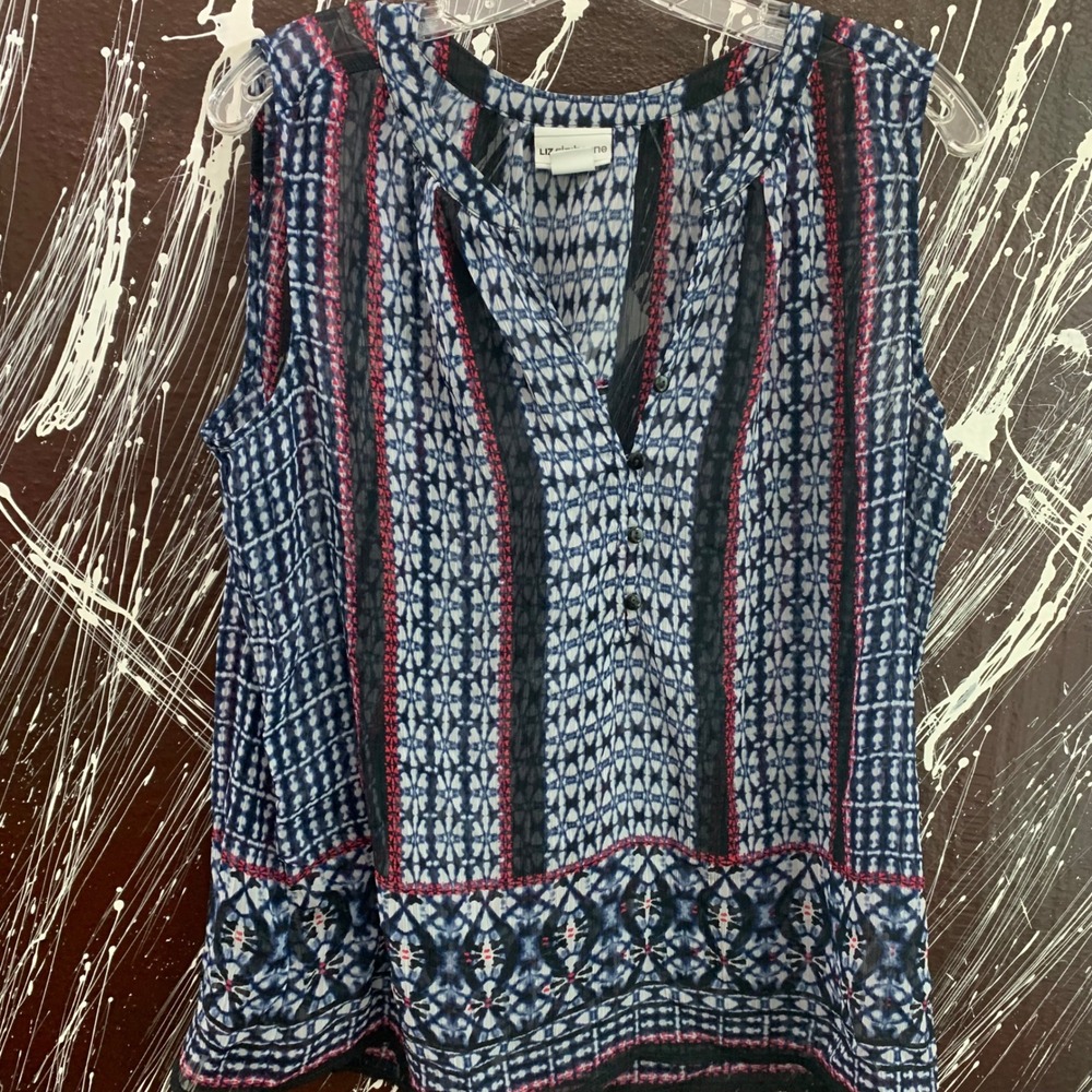 Liz Claiborne Womens Blue Red Geometric Print Sleeveless Blouse Size L